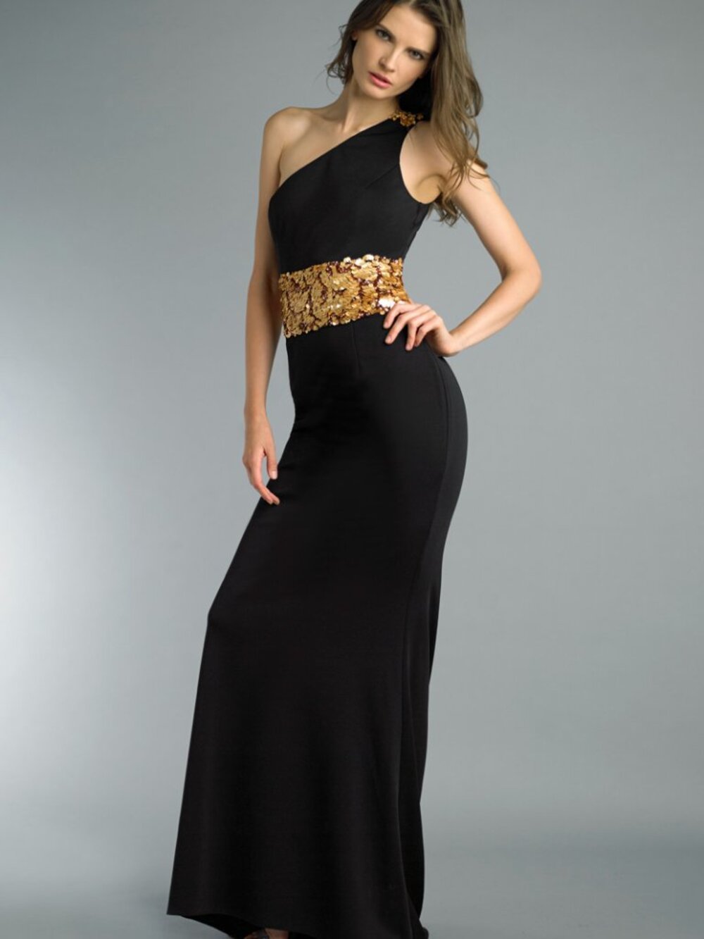 D8552L One Shoulder Evening Gown - Black Gold